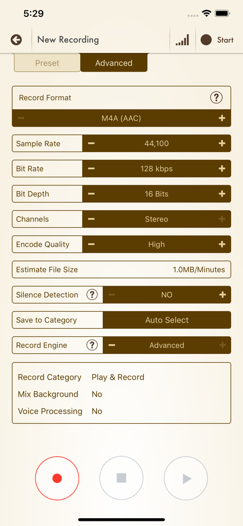 Voice Record Pro 7 - Advanced recording configuration screen in Voice Record Pro 7 showing sample rate bitrate and format options