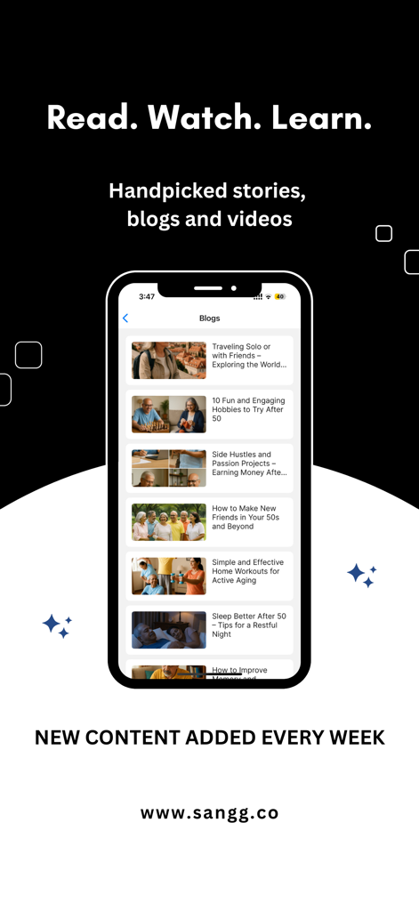 Interface of the Sangg app displaying curated blogs and stories for people over 50 covering topics like travel, hobbies, and health.