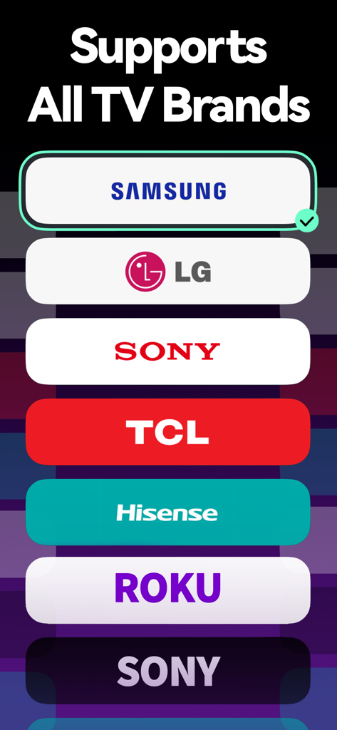Universal Remote™ -TV Control - App interface showing compatibility with major TV brands like Samsung LG Sony and TCL