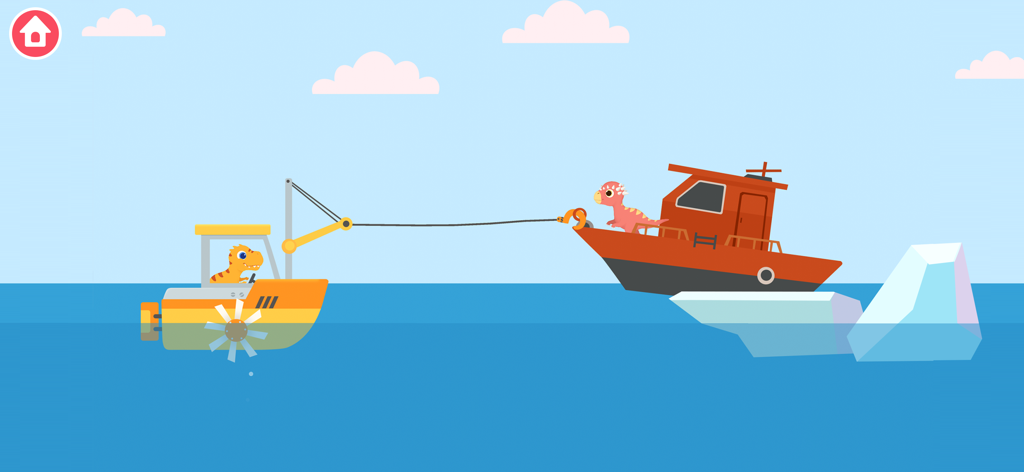 Dinosaur Patrol Boats Games - A dinosaur in a yellow patrol boat towing a red boat stranded on icebergs