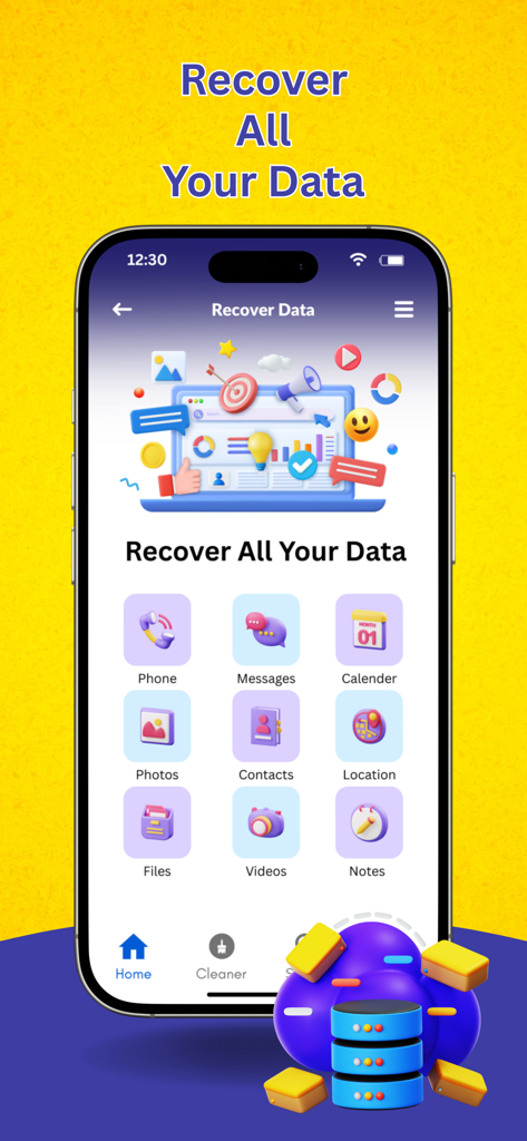 Home screen of the Recovery Video and File app showing recovery options for messages photos videos and contacts