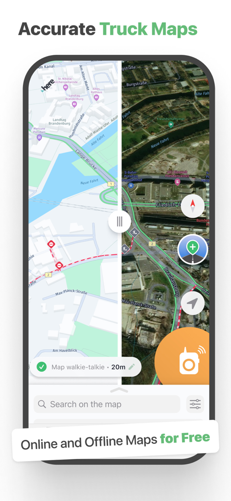 Roolz Navigation for Truckers - Roolz App-Oberfläche zeigt eine geteilte Ansicht von Satelliten- und Standard-LKW-Navigationskarten