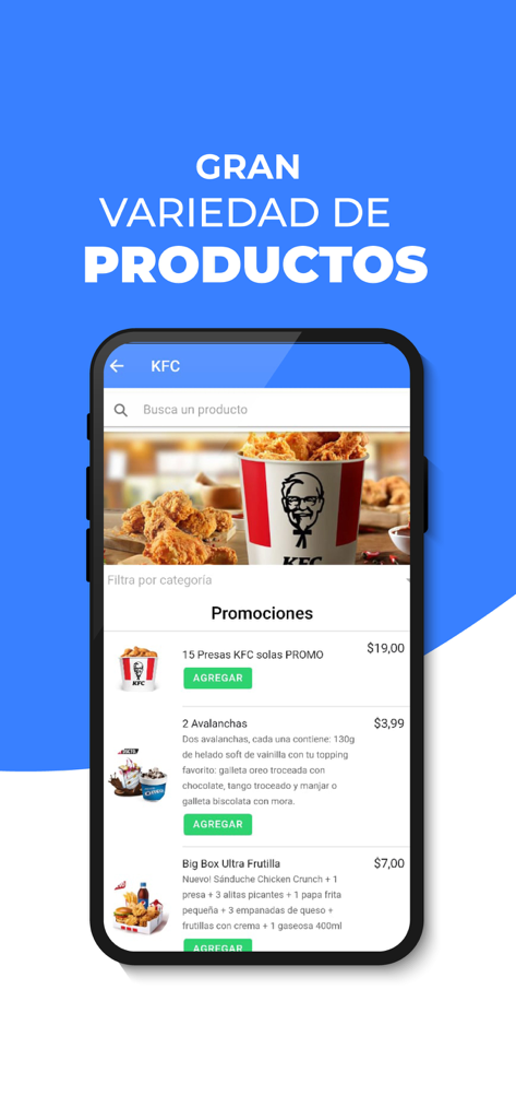 Al Vuelo! - Pide a domicilio - Al Vuelo app interface showing KFC food menu promotions