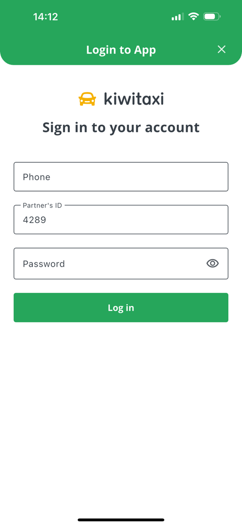 Kiwitaxi Driver - Kiwitaxi Driver app login screen with fields for phone number, partner ID, and password