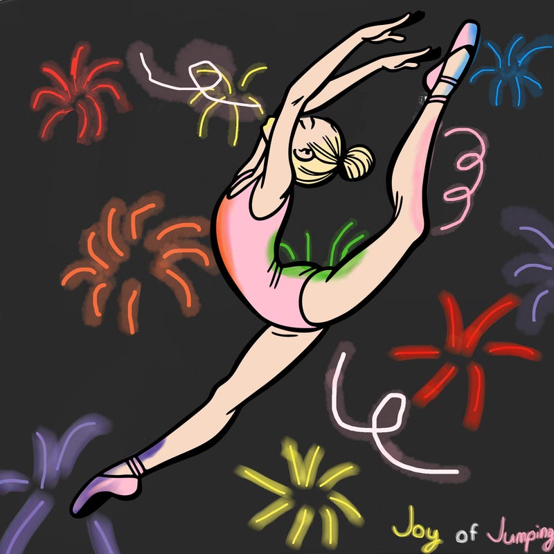 gymnast doing a leap in a leotard with a bent back leg