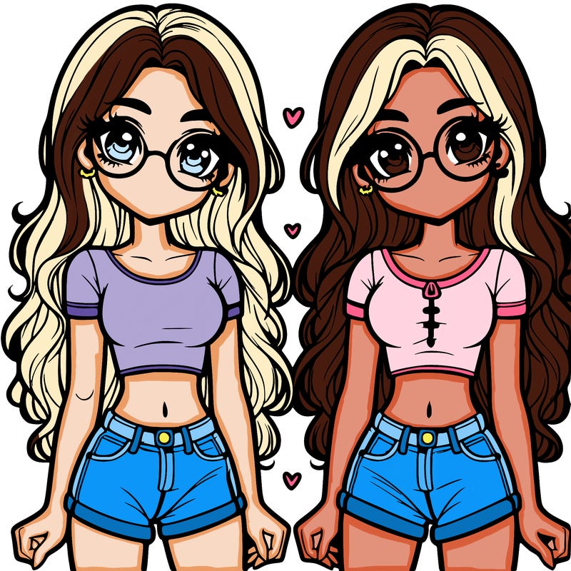 twin girls with long hair and wearing crock top and jeans and with cute glasses