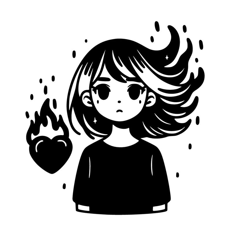 girl with a black atmosphere around her,her hair is floating behind her and in front of her stands a bright red heart of fire
