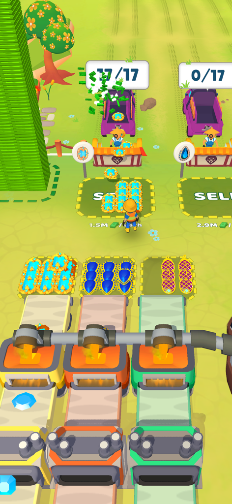 Gameplay screenshot of Drill and Collect showing gem processing machines and resource management