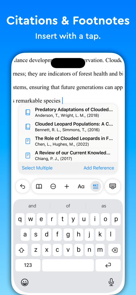 Essayist: Academic Writing App - Interface of the Essayist app on a smartphone showing how to insert academic citations and footnotes with a single tap.