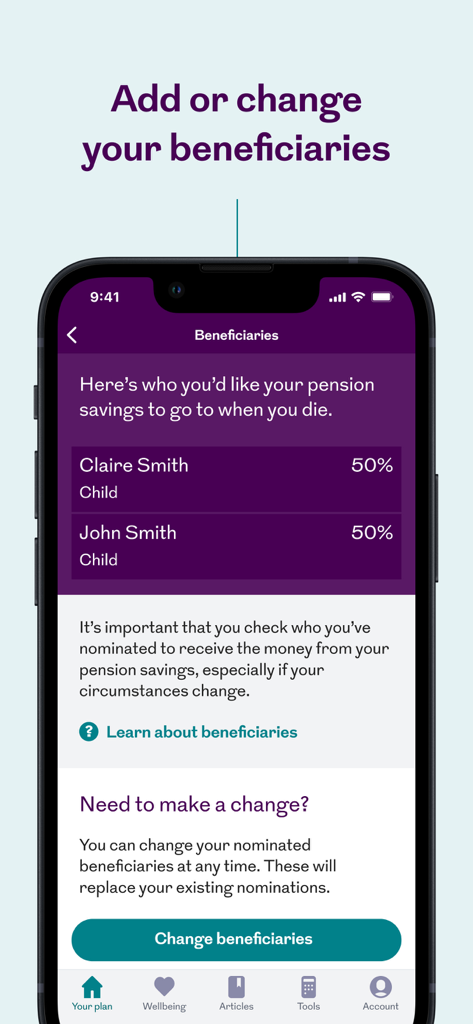 Royal London app screen showing how to add or change pension beneficiaries