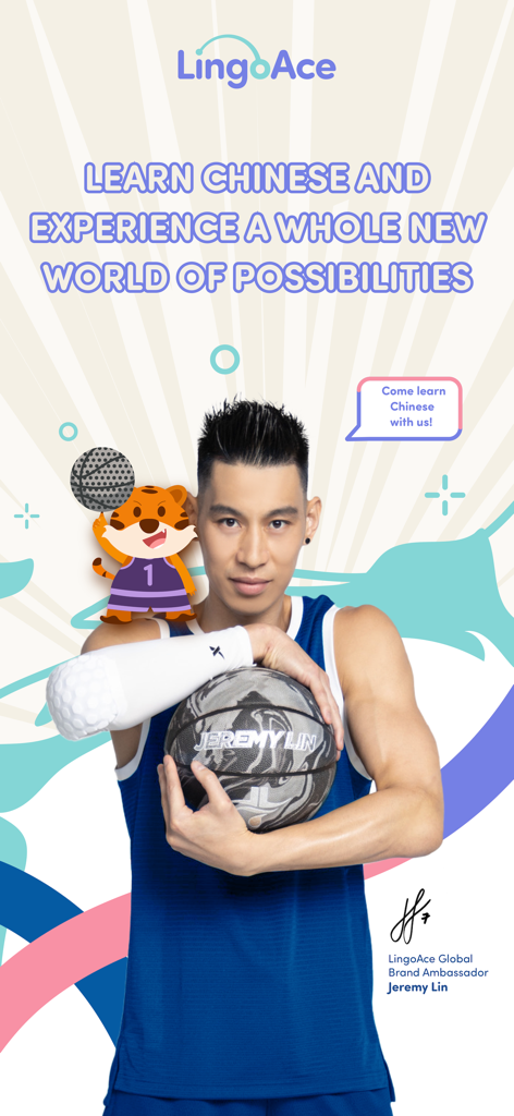 Jeremy Lin tenant un ballon de basket en tant qu'ambassadeur de la marque LingoAce promouvant l'apprentissage du chinois