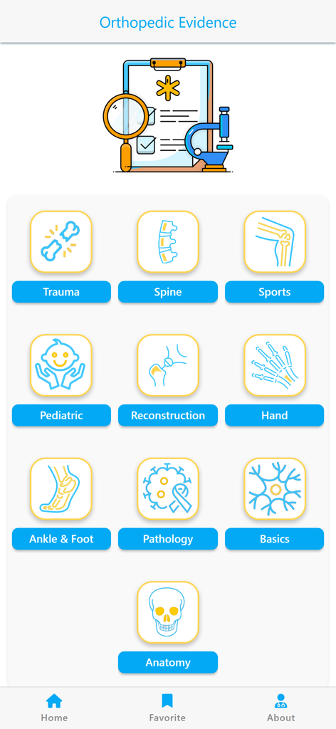 Tela inicial do aplicativo Orthopedic Evidence exibindo especialidades cirúrgicas como trauma, coluna e esportes
