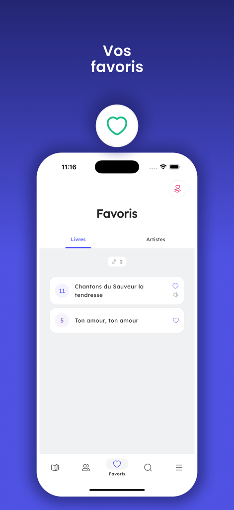 Le Chants d'Espérance - Favorites section of Le Chants d Esperance app showing saved hymns