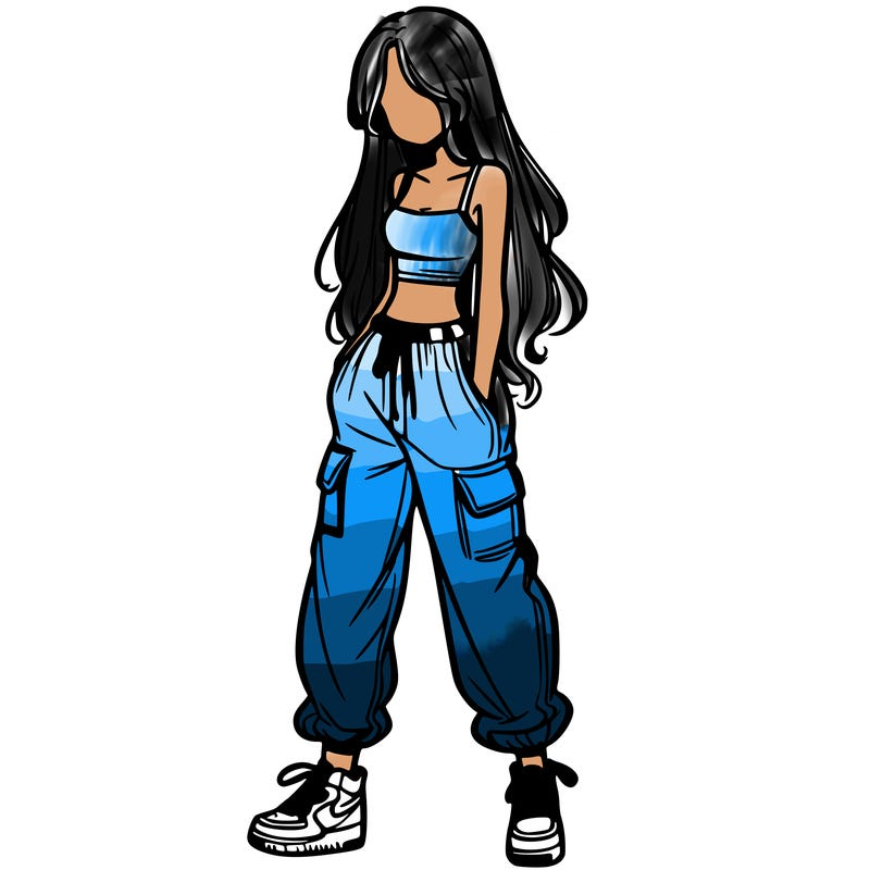 girl in baggy pants crop top and long hair