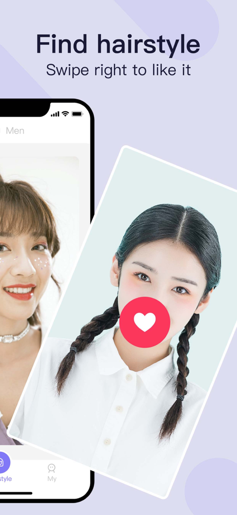 Hairstyle & Hair Color Changer - Interfaz de una aplicación móvil que muestra una función de encontrar peinados donde los usuarios pueden deslizar hacia la derecha para dar like a diferentes estilos