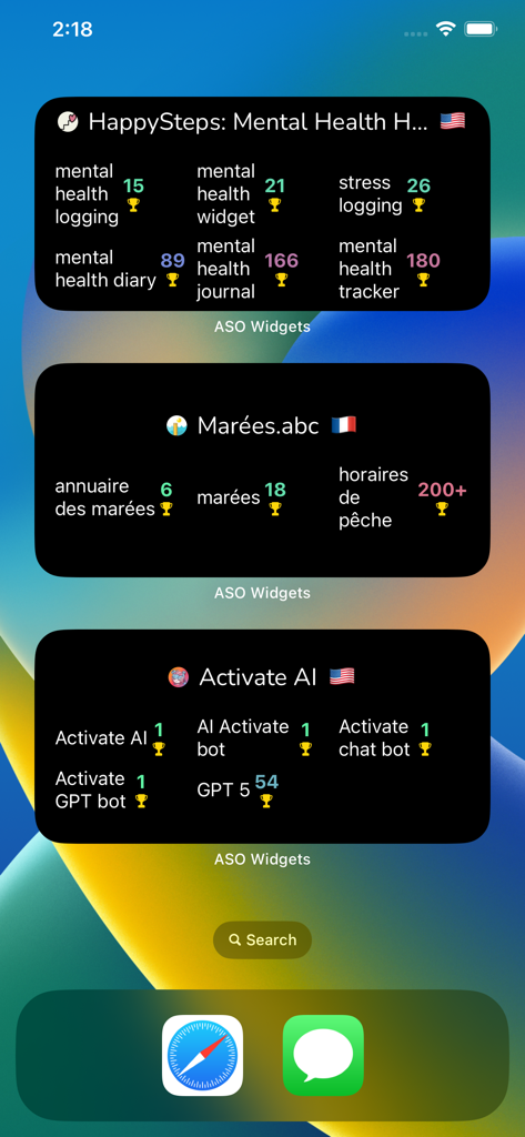 ASO Widgets: Keyword Tracker - iPhoneのホーム画面に、さまざまな国にあるさまざまなアプリのキーワードランキングを追跡する複数のASOウィジェットが表示されています