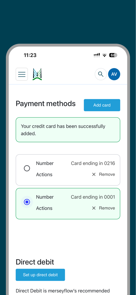 Merseyflow Quick Pay - Payment methods screen in the Merseyflow Quick Pay app showing saved credit cards and direct debit options