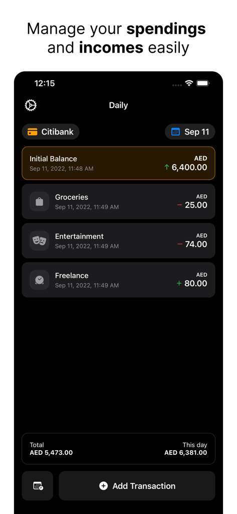 Spendy - Spendings reimagined - Daily spending and income list on the Spendy app dark mode interface