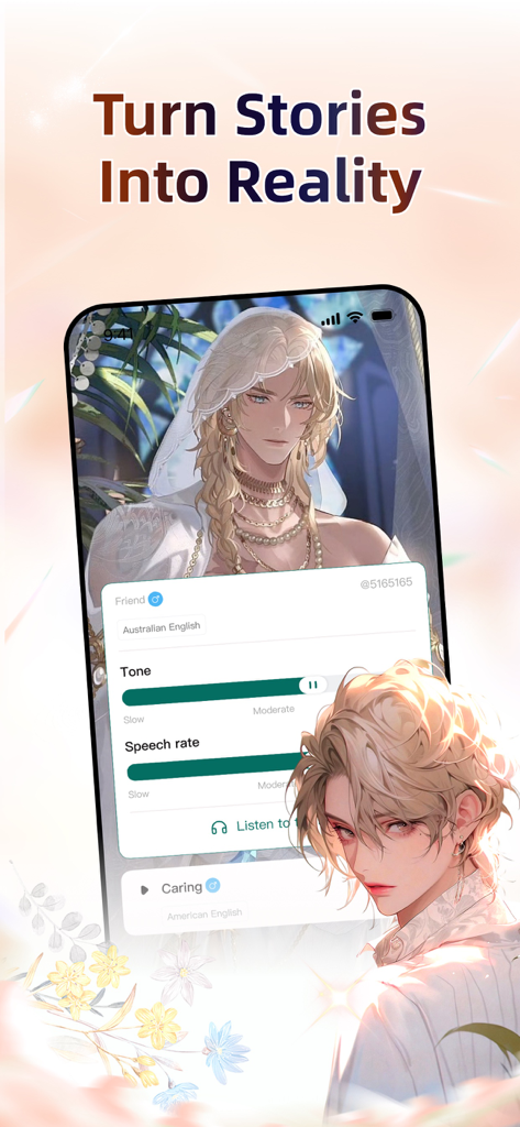 MiloMate-Talk with AI Roles - MiloMate app interface showing voice tone and speech rate settings for a blonde anime style male character