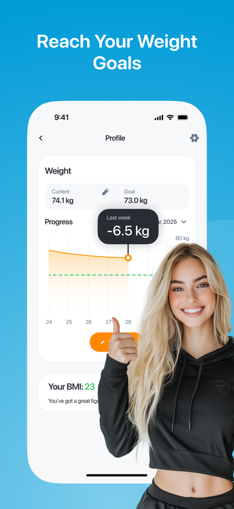 CScore: Calorie & Food Tracker - CScore app profile screen showing a weight loss progress graph and BMI calculation