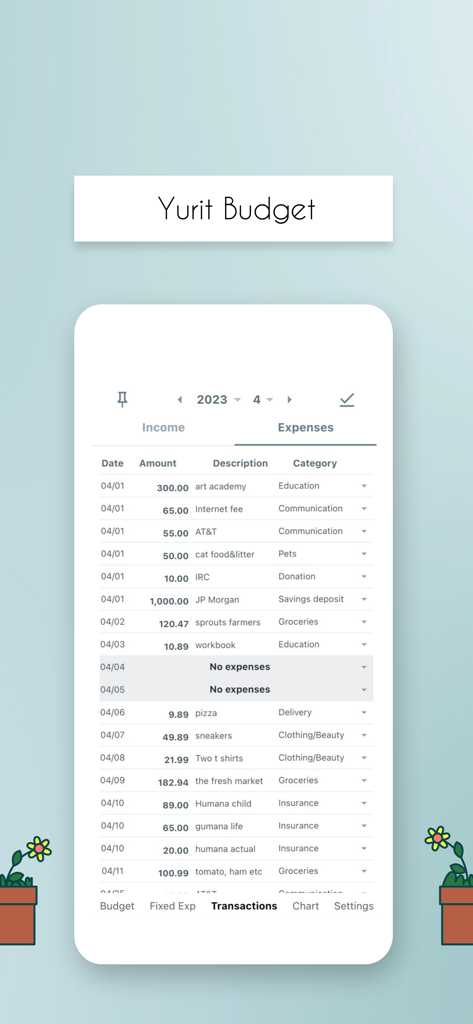 Una pantalla de aplicación móvil que muestra una lista detallada de gastos e ingresos diarios en un diseño limpio de libro mayor en papel.