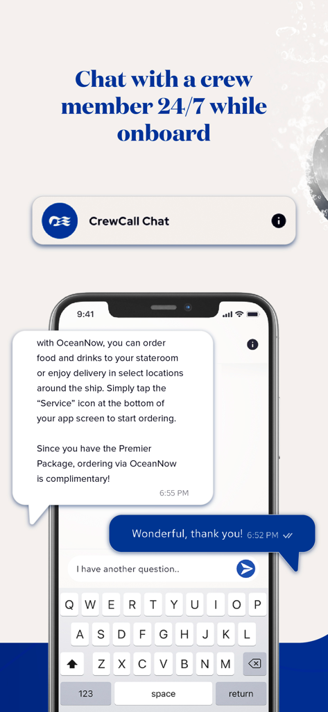 Princess Cruises - Screenshot dell'app Princess Cruises che mostra l'interfaccia CrewCall Chat per il supporto passeggeri a bordo 24/7.