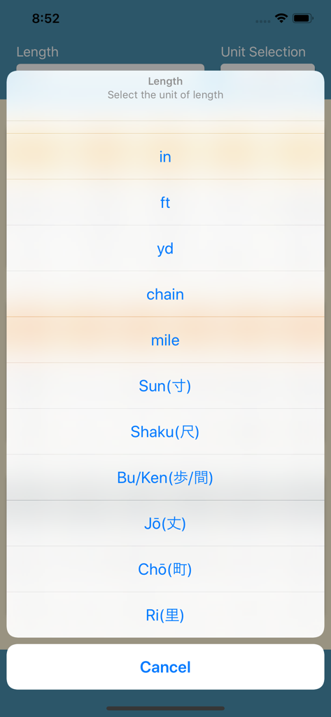 Length-Units Converter - 길이 단위 변환기 앱에서 야드파운드법 및 먱, 촌과 같은 전통 일본식 단위를 보여주는 단위 선택 메뉴