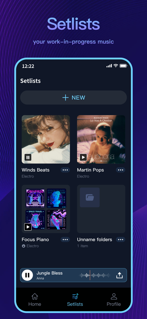 Audio Editor - AI Music Editor - Interface of the Audio Editor app showing the setlists section with organized music projects and folders