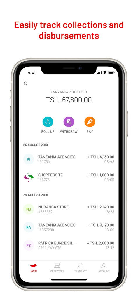 M-Pesa Business Tanzania - Interface of M-Pesa Business app showing transaction history and account balance in Tanzanian Shillings.