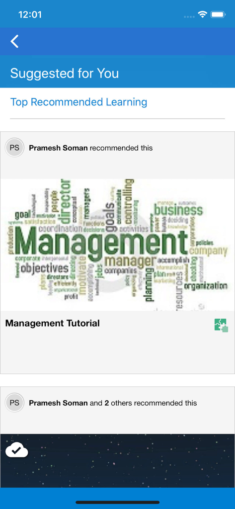 Oracle Fusion Applications HCM Learning screen displaying suggested management tutorials and recommended training