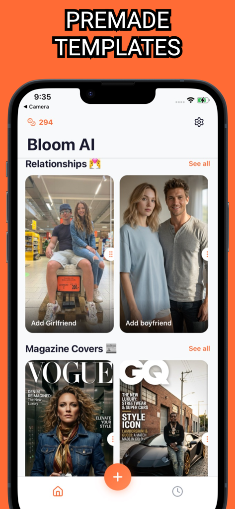 Bloom: AI photo editor - Interface do editor de fotos Bloom AI mostrando modelos pré-fabricados para fotos de relacionamento e capas de revista
