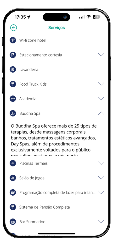 Captura de tela da tela de serviços do aplicativo Blue Tree Thermas de Lins com comodidades do resort, como spa e piscinas termais.