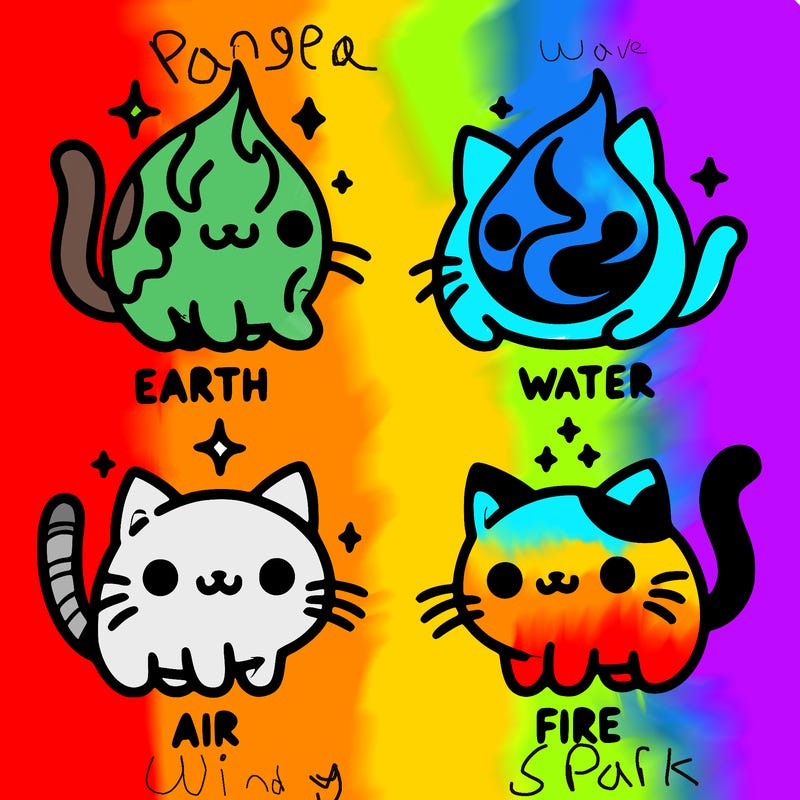 4 cats that represent the different elements, earth, water, air, and fire
