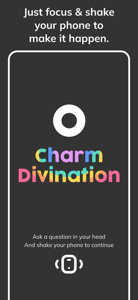 神秘的なリーディングのために携帯を振る指示を示すチャーム占いアプリのインターフェース