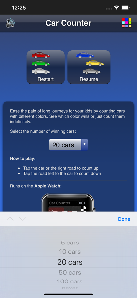 Car Counterアプリの設定画面。車の数えゲームを再開または続行するオプションが表示されます。