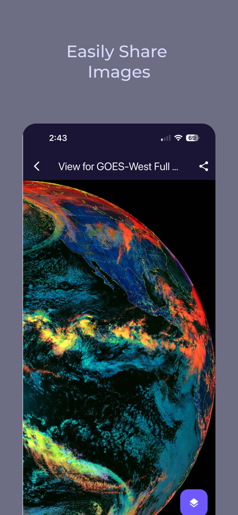 Mobile screenshot of the GOES Viewer app displaying a colorful satellite weather map of Earth with a sharing option