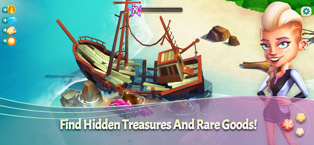 FarmVille 2: Tropic Escape - A character standing next to a shipwreck and a treasure chest filled with purple gems on a tropical beach