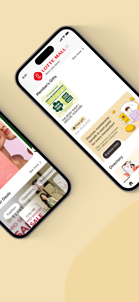 Interfaccia dell'app LS.POINT che mostra regali per i membri e premi per lo shopping al Lotte Mall