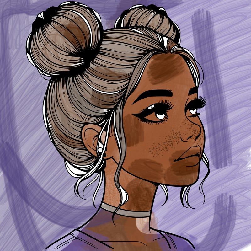 realistic girl with buns on the top of her head