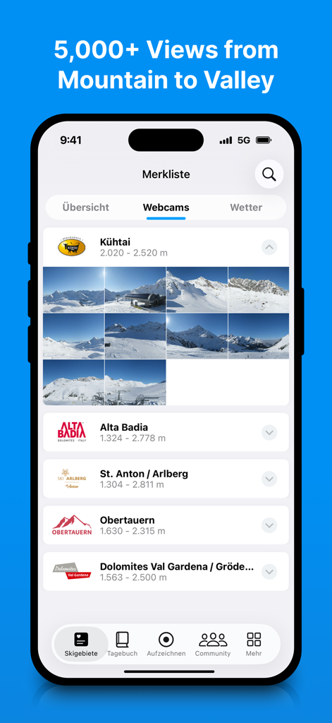 Bergfex App-Oberfläche mit Live-Webcam-Ansichten aus mehreren Skigebieten.