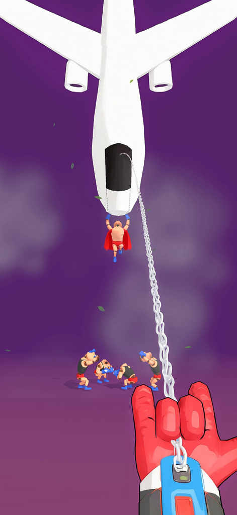 Vista en primera persona de un jugador usando una cadena para capturar un muñeco de superhéroe colgado de un avión blanco