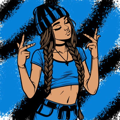 realistic teenage girl with braids and a beanie and crop top doing 🫶🏼