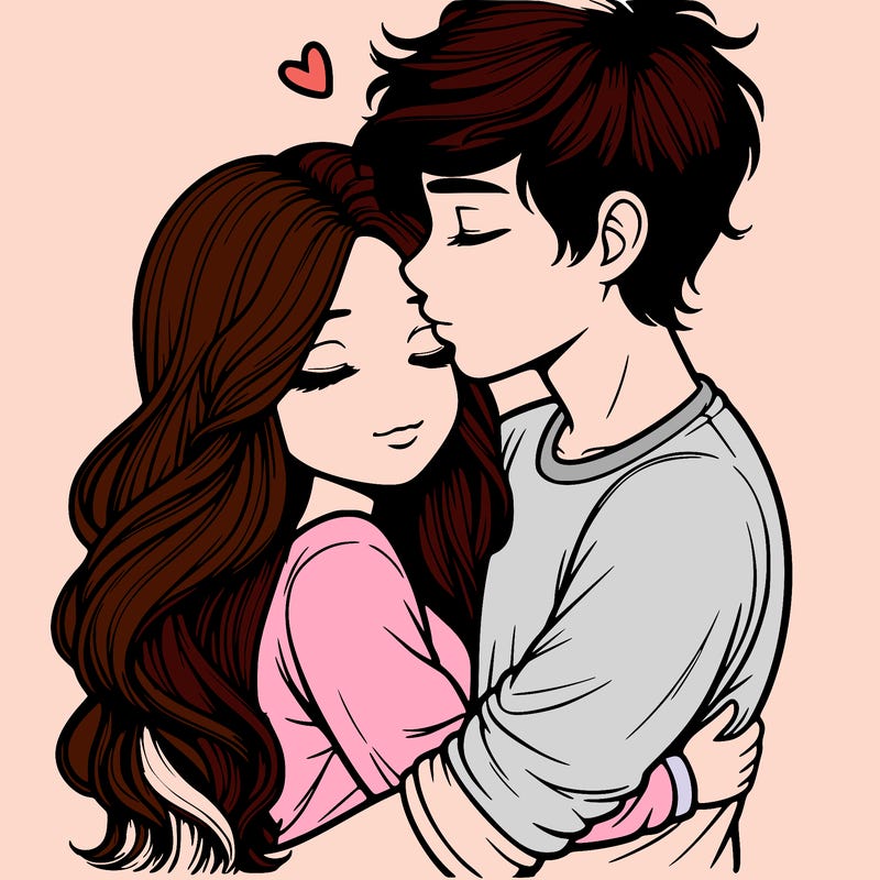 a realistic couple boy and girl hugging and kissing