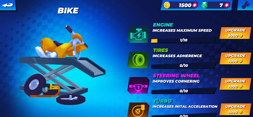 Speedway Heroes - スピードウェイ・ヒーローズのインターフェース。エンジン、タイヤ、ステアリング、ターボを改善するオプションが表示されたバイクアップグレードメニュー。