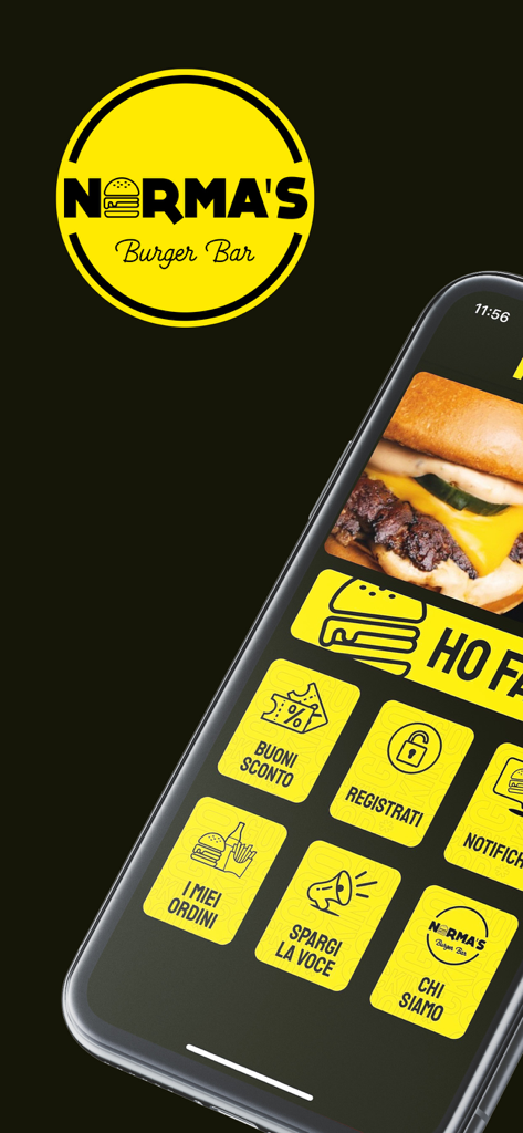Interfaz de la aplicación móvil de Norma's Burger Bar con tema amarillo y negro que muestra opciones de menú y una hamburguesa gourmet.