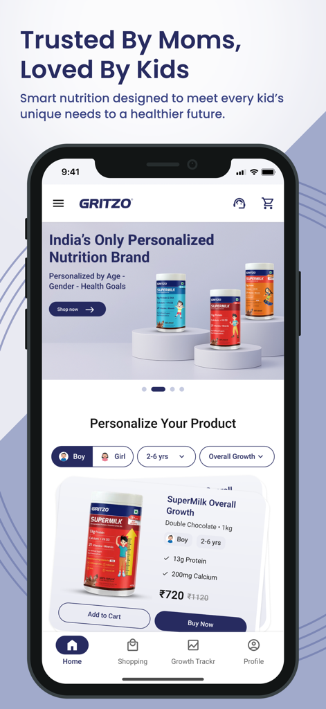 Gritzo app interface displaying personalized nutritional drink options for children by age and gender.