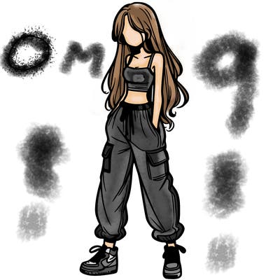 girl in baggy pants crop top and long hair