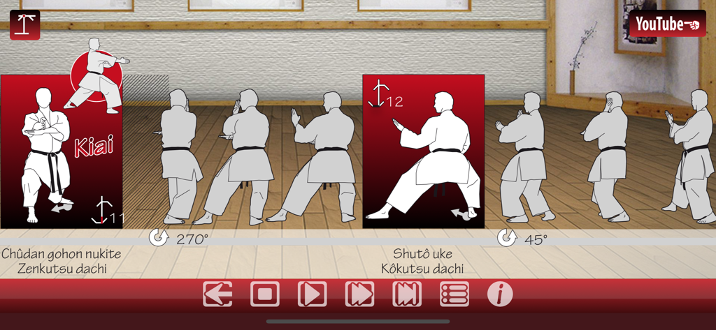 A sequence of Shotokan Karate movements shown in the ShotokanKata mobile app.