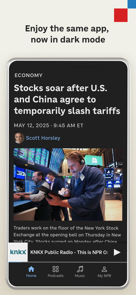 NPR mobile app interface in dark mode displaying an economy news article with a photo of the stock exchange