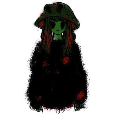 a realistic girl with a frog hat and baggy mushroom shirt